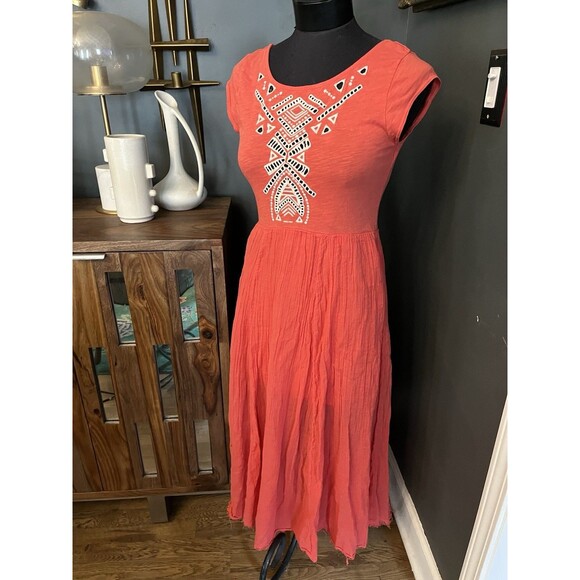 Free People Embroidered Coral Dress Cutouts Boho Gauze Skirt Cottagecore S - Picture 1 of 10